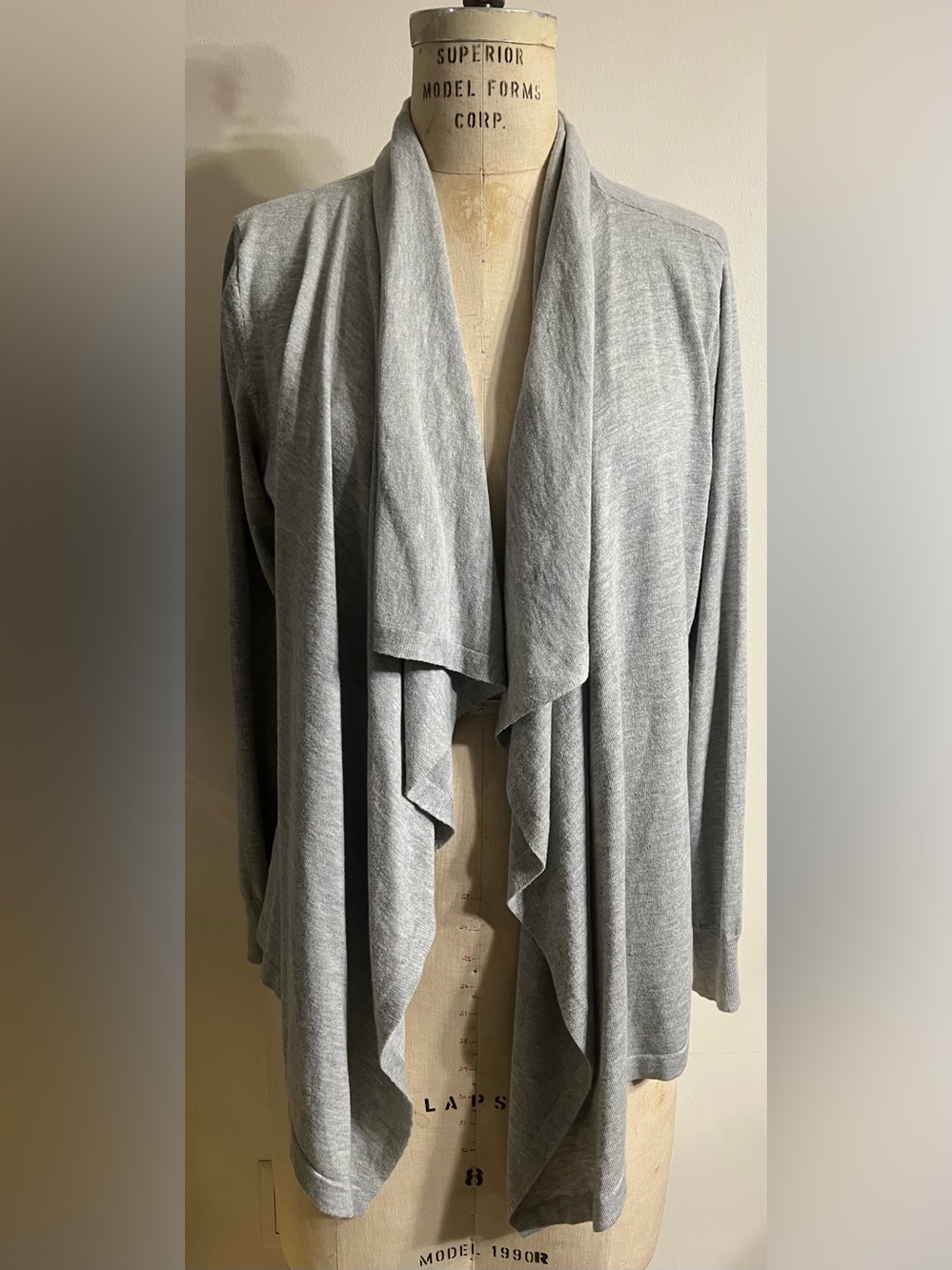 DKNY C Grey Long Sleeve Waterfall Open Front Lightweight Cardigan Size L/XL